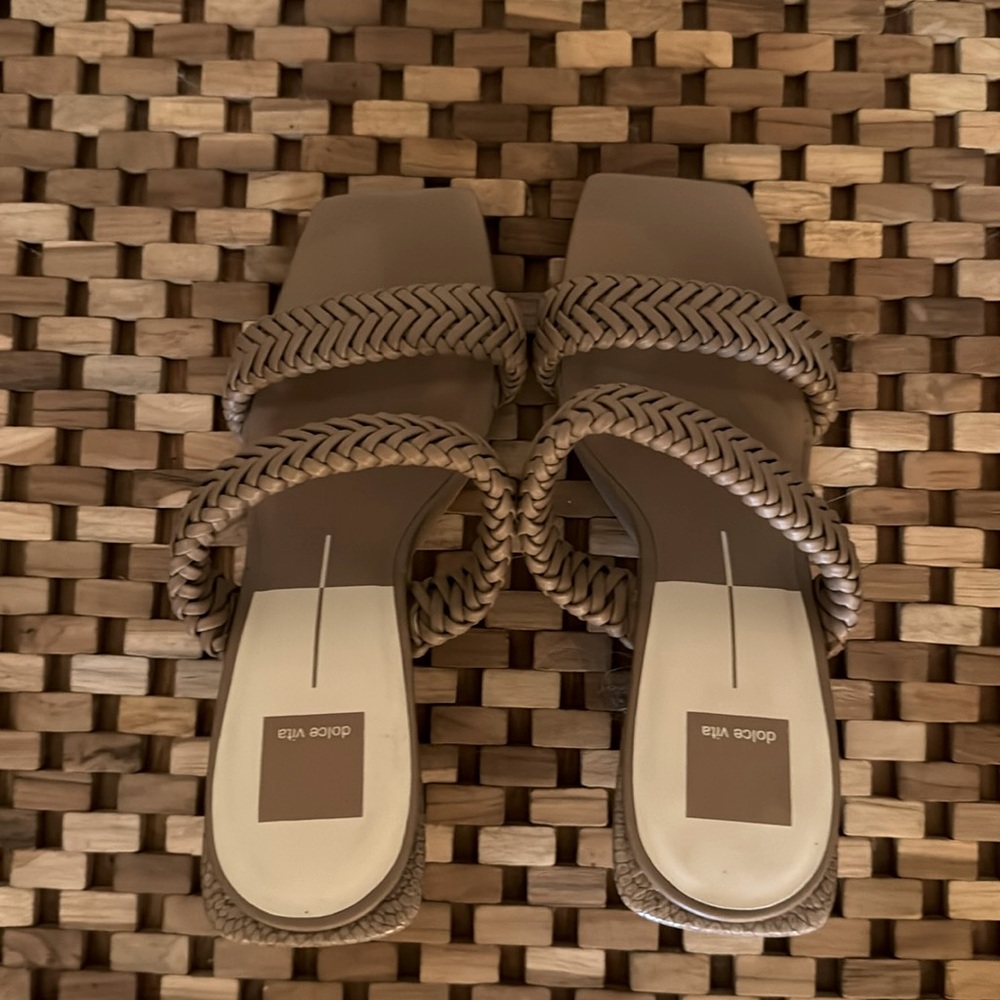 Dolce Vita Taupe leather upper platform wedge heels.